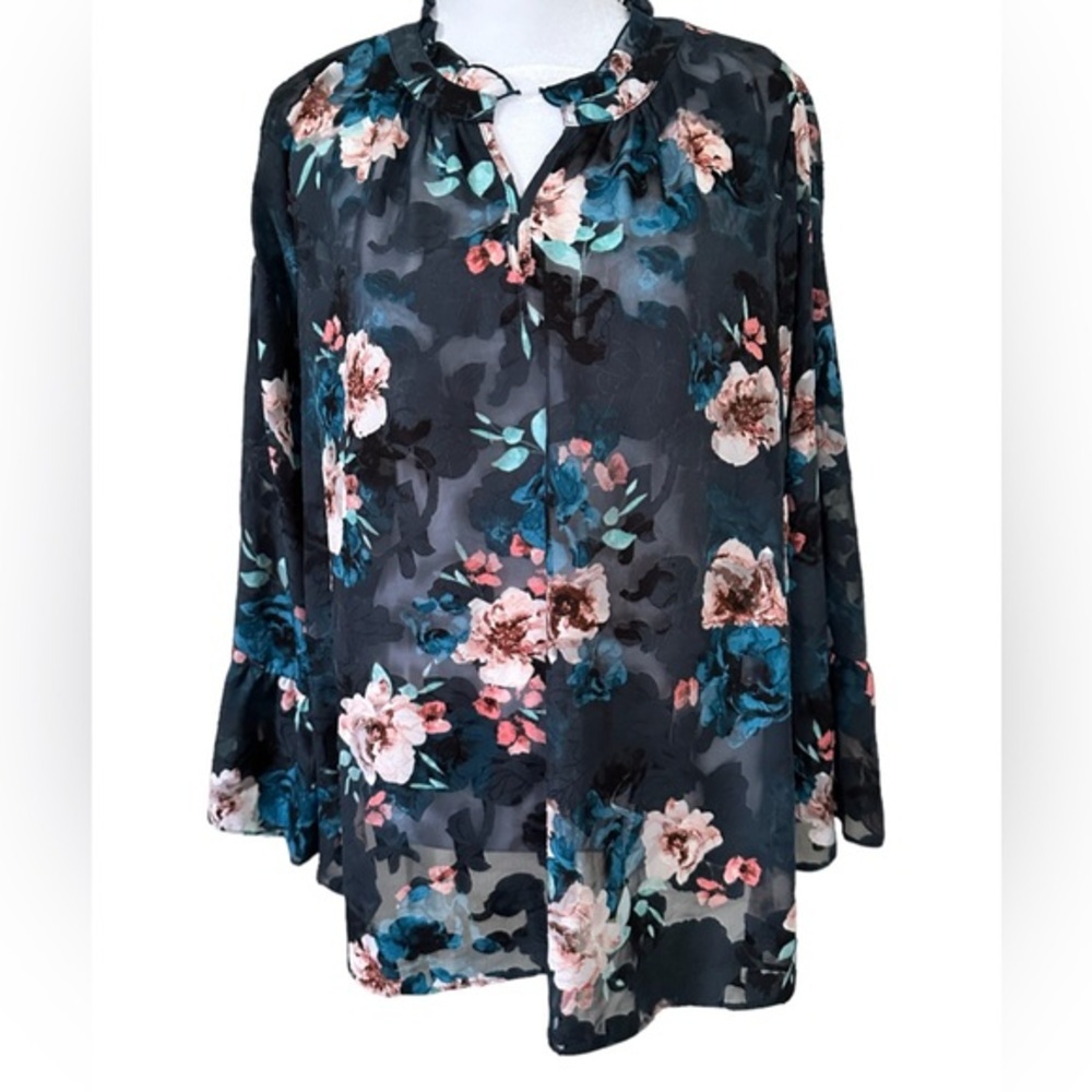 Elle XXL floral top blouse long bell sleeves